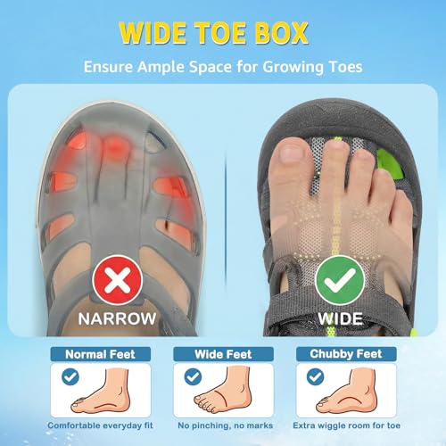 Image of Wide Toe Box Toddler Sandals Water Shoes Boys Girls Quick Dry Summer Beach | Non Slip Sole, Flexible, Machine Washable, Easy to Clean, Breathable, Adjustable Hook and Loop, Closed-toe for Outdoor & Pool