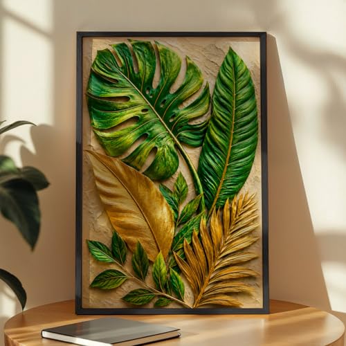 Image of NoWorries 3D Tropical Leaf Wall Painting with Frame Set of 1 | Premium Textured Green & Gold Monstera Palm Leaves Artwork, Luxury Botanical Nature Wall Decor for Living Room, Bedroom, Office and Home Decoration (3d Art-20,13x19inch)