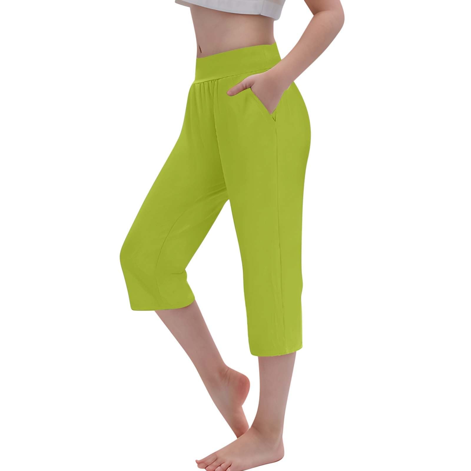 Girls Summer 3/4 Length Leggings Soft Stretchy Athletic ????apris Pants with Pockets High Waist Cropped (Green, 120)
