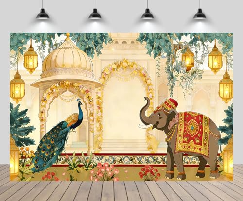 chnywork 7x5ft Indian Peacock Mughal Elephant Backdrop Golden Garden Mughal Place Decoration Background Wedding Mehendi Seemantham Navratri Gollu Temple Diwali Decor Stage Event Decor Photo Props
