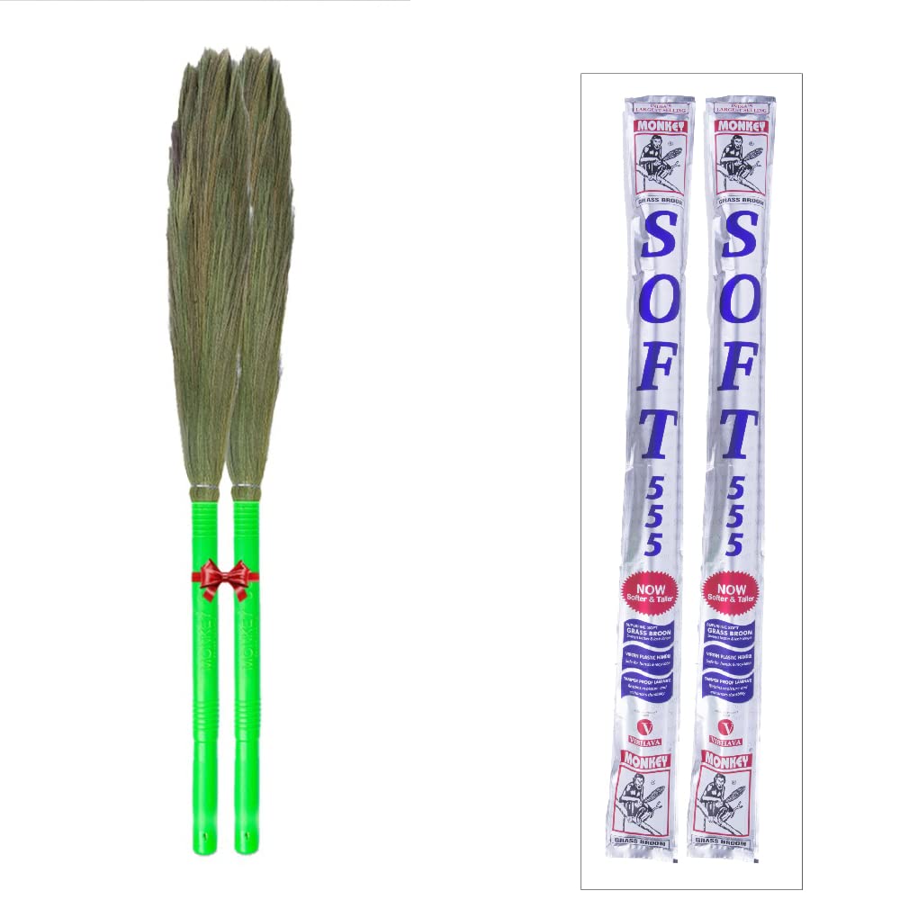 Monkey 555 Soft Broom-Pack of 2 | Natural Grass Broom | Smoother Sweeping | Broomstick | Removes Finest Dust | Superfine Thicker Interlocking Grass | Recyclable Virgin Plastic Handle | Safe for Hands