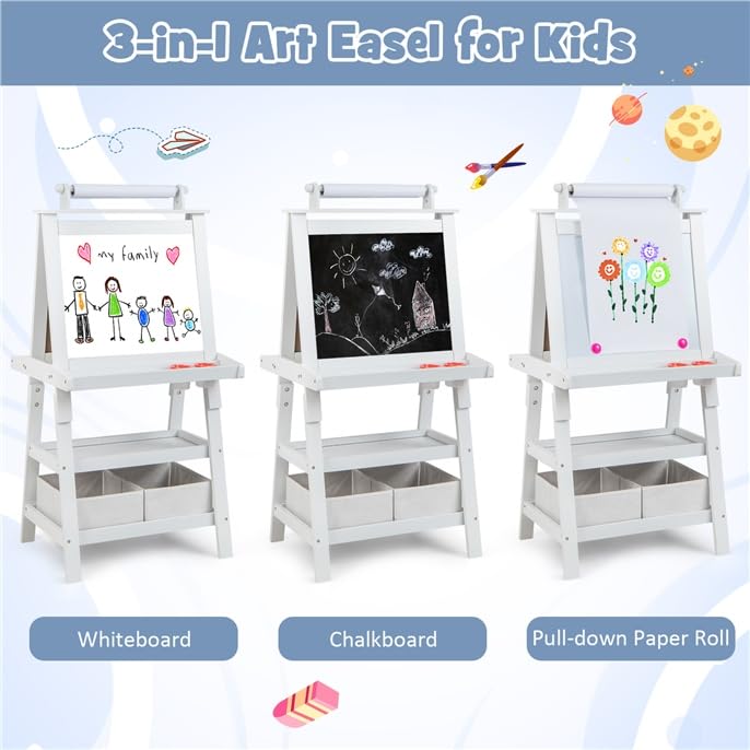 Image of GLACER All-in-One Double Sided Painting Easel for Kids with 2 Storage Bins, Paper Roll, Magnetic Whiteboard & Chalkboard, Gift for Boys & Girls (White)