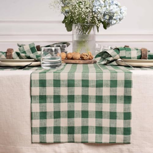 Solino Home Linen Table Runner 72 Inches Long - 100% Pure Linen Buffalo Check Green and Natural Table Runner 14 x 72 Inch for Fall, Autumn, Thanksgiving, Christmas - Morgan