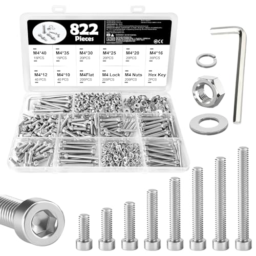 822 Pcs M4 Stainless Steel Nuts and Bolts Set Including 205 Pcs Bolts Hex Socket Head Screws Flat Washers Lock Washers and 2 Pcs Wrenches