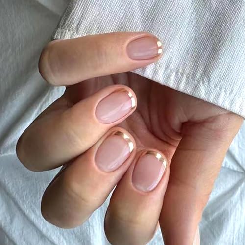 Gold French Tip Press on Nails Short Square Fake Nails Glossy Nude Acrylic Glue on Nails Reusable Full Cover Stick on Nails for Women DIY Manicure Decoration