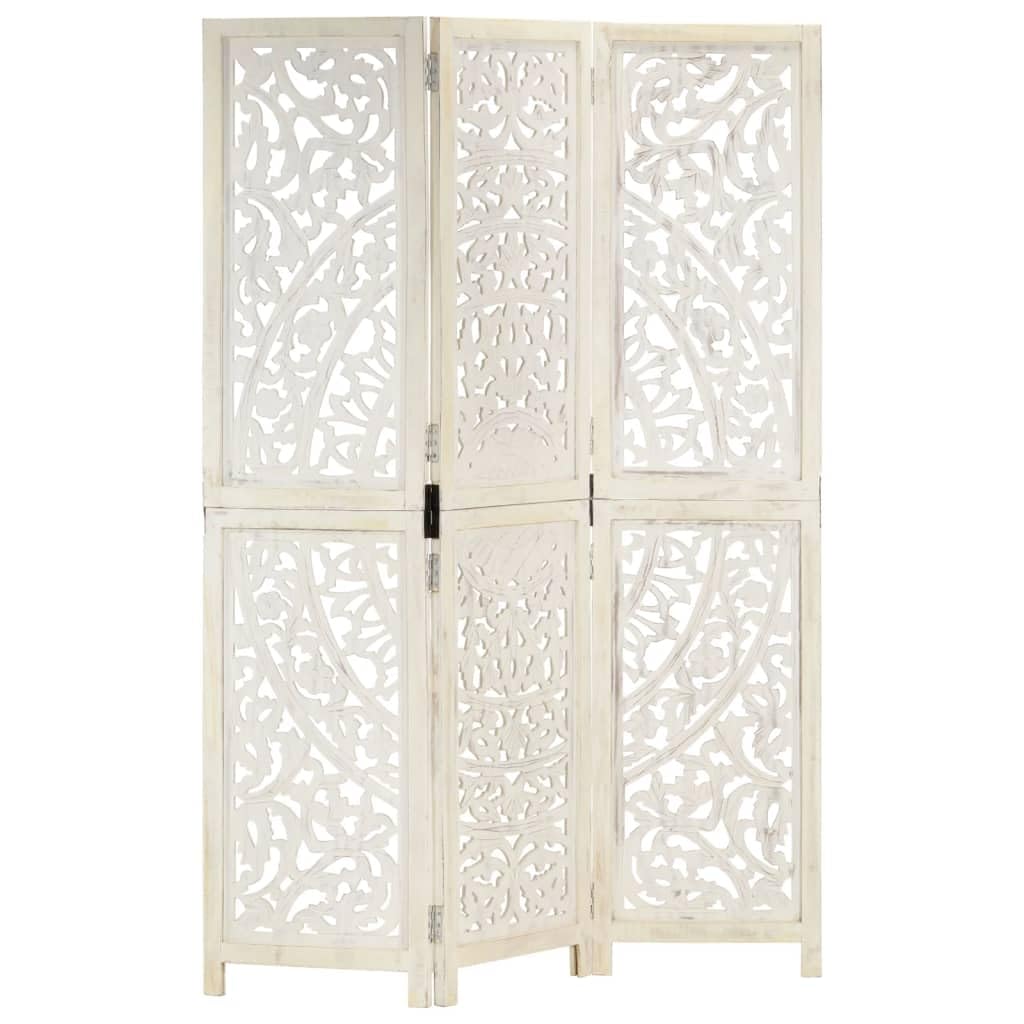 Vidaxl White Solid Mango Wood Hand Carved 3-Panel Room Divider Room Partition Paravent Privacy Screen Classic Style Decoration Home 120X165cm