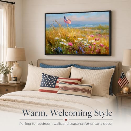 Image of American Flag Framed Canvas Wall Art, 4th of July Floral Canvas Prints, Wildflower Landscape Patriotic Decorations, Vintage Rustic Independence Day Wall Decor for Bedroom Living Room Office 24x32