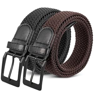 Firtink 2 pieces Men Belts, Elastic Braided Stretch Belt Buckle Stretch Woven Trouser Belts for Men, 105cm/41.33inch, Black, Brown