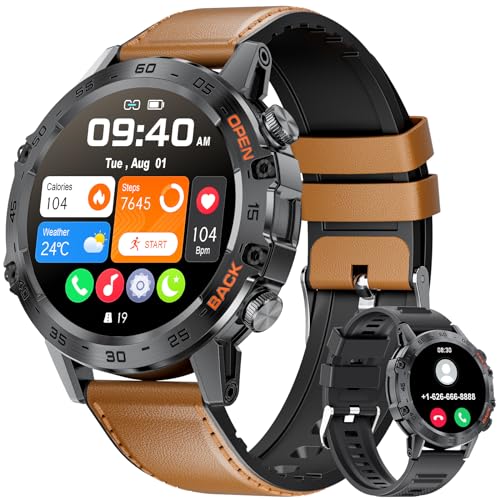 Image of SUNKTA Military Men's Smart Watch (Answer /Dial Calls),100 Sports Modes, 5ATM Waterproof Fitness Watch with Heart Rate /SpO2 /Blood Pressure for Android and iOS,1.39''HD Full Screen Smartwatch,Leather