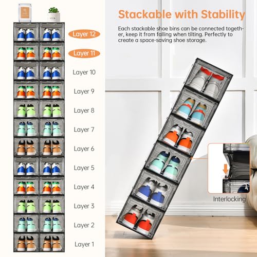 Image of Clemate Upgraded X-Large Shoe Storage Box,12 Pack,Shoe Box Clear Plastic Stackable,Drop Front Shoe Box with Clear Door,Shoe Organizer Containers For Sneaker Display,Fit up to US Size12, Ashy