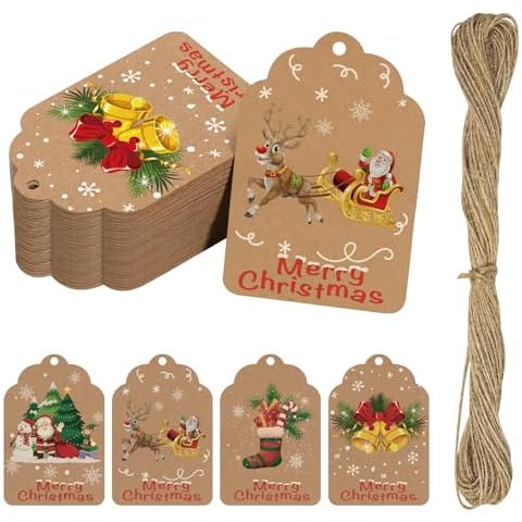 Yoget Christmas Tags with String, Xmas Gift Tags for Gift Wrapping - Christmas Tree Snowman Snowflake Hanging Labels for Presents, DIY Xmas, Decorations Cover
