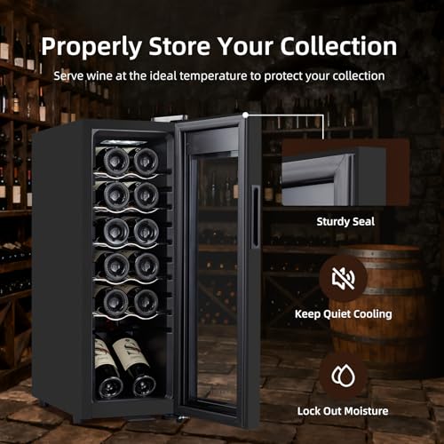 Image of Mini Wine Fridge, 12 Bottle Compressor Wine Cooler Refrigerator, Freestanding Wine Cellar For Red&White Wine, Digital Temperature Control, Removable Shelves, Glass Door