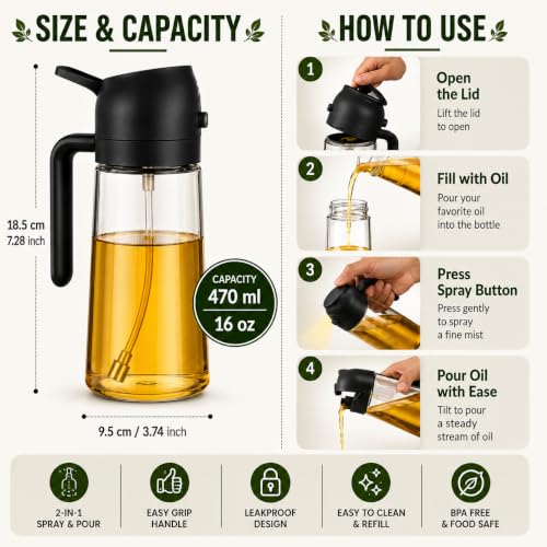 Image of 2-in-1 500ml Glass Oil Dispenser & Spray Bottle | Oil & Vinegar Sprayer for Cooking, Air Fryer, Salad & Kitchen Use | Leakproof, Refillable, Black