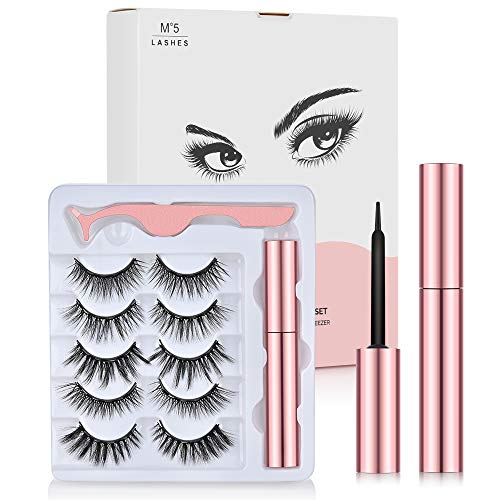 Magnetic Eyelashes with Eyeliner 5 Pairs, Upgraded 3D Magnetic Eyelash, Waterproof Magnetic Eyeliner Reusable False Lashes Natural Look with Applicator, No Glue Needed