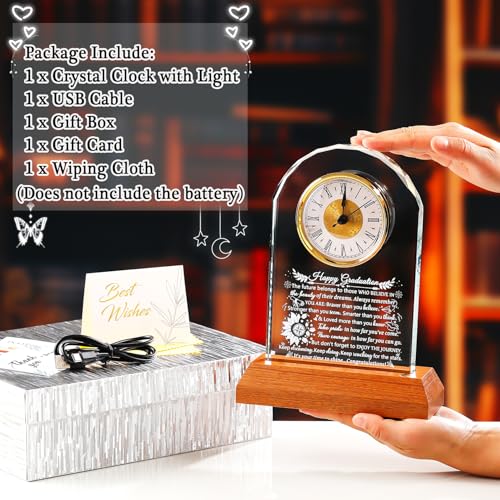 Image of Ornalrist Graduation Glass Clock Gifts for Him Her Graduation Keepsake with Wooden Light Base Class of 2026 Inspirational Graduate Gift for College High School Masters PHD Graduation Presents