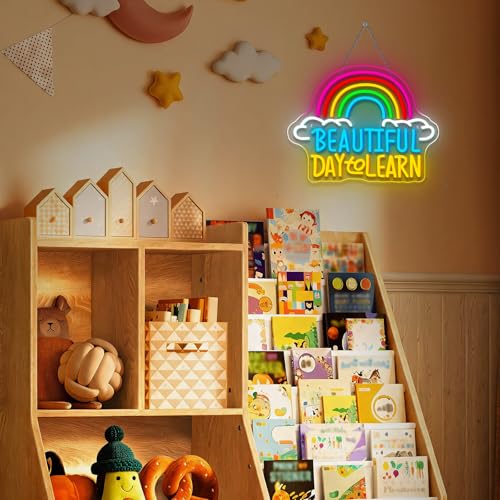 Image of Reading Neon Sign with Adjustable Brightness for Classroom Reading Wall Sign and LED Neon Light for Learner Study Corner Reading Nook and Bedroom Decor Beautiful Day to Learn Wall Decor