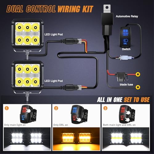 Image of Nilight LED Pod Lights with Amber DRL 4 Inch 60 W Square 6487 LM Super Spot Light w / 16 AWG Wiring Harness Kit for Auxiliary Offroad Driving LED Work Lights for Truck UTV ATV SUV 4x4 Jeep