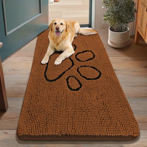 Image of Smiry Dog Door Mat for Muddy Paws, Absorbent Dirt Trapper Non Slip Quick Dry Washable Chenille Mat for Mud Dogs, Entry Rug for Indoor and Outdoor (48x30 Inches, Ochre and Black)