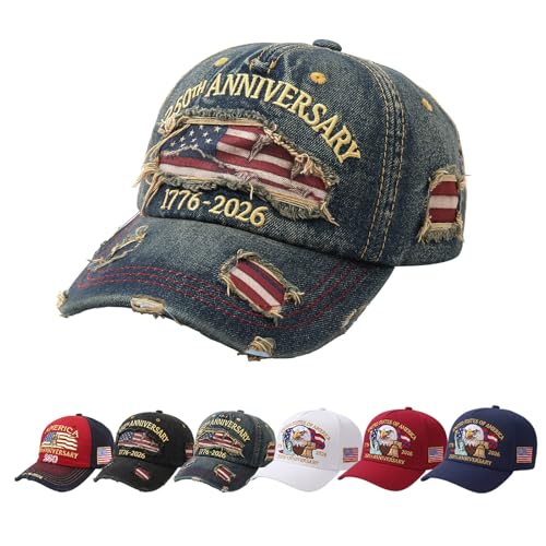 WruFiz 250th Anniversary USA Hat 1776-2026 Patriotic Baseball Cap Retro Embroidered American Flag Adjustable Washed Denim Hat 250 Year Independence Commemorative Gift for Men Women Veterans