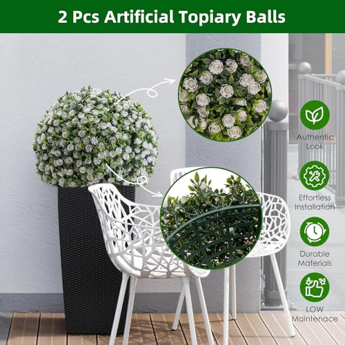 15" Artificial Topiary Balls 2PCS, Flower Topiary Ball Decorative Balls for Outdoor Patio Garden and Indoor, Wedding Decoration, White