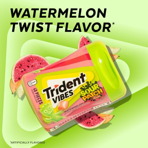 Image of Trident Vibes SOUR PATCH KIDS Watermelon Sugar Free Gum, 4 Bottles of 40 Pieces (160 Total Pieces)