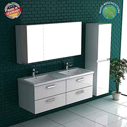 Preisvergleich Produktbild Alpenberger Elegantes Doppelwaschbecken aus Sanitärkeramik mit Nano-Beschichtung inkl. Waschtischunterschrank Weiß Hochglanz / Exklusive Badezimmermöbel für Ihr Modernes und Perfekes Bad