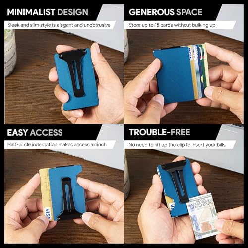 Image of Minimalist Wallet for Men, Slim Metal RFID Blocking Wallet Credit Card Holder Money Clip & Cash Strap, Scratch-Resistant Holds 15 Cards,Ideal Gift for Men | Matte Blue