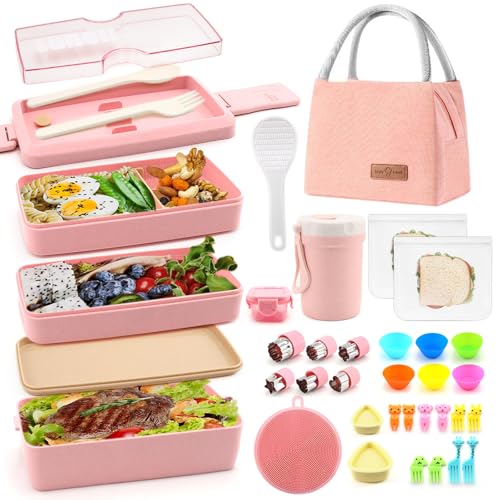 35Pcs Bento Box Japanese Lunch Box Kit Leakproof Bento Lunch Box For Kid Adult Wheat Straw 3 Layer Stackable Lunch Container W Compartment Lunch Bag For Teen Prepy Girl Meal Prep Containers (Pink)