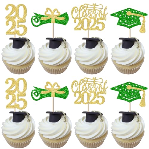 36 Pack Graduation Cupcake Toppers Glitter Class of 2025 Glitter Diploma Grad Cap Cake Decorations 2025 Cupcake Picks for 2025 Graduation Theme Party Cake Decoration Supplies Gold Green