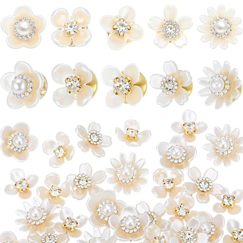 Trnayi 50 Pcs Flower Shape Pearl Rhinestone Buttons Embellishments Brooches