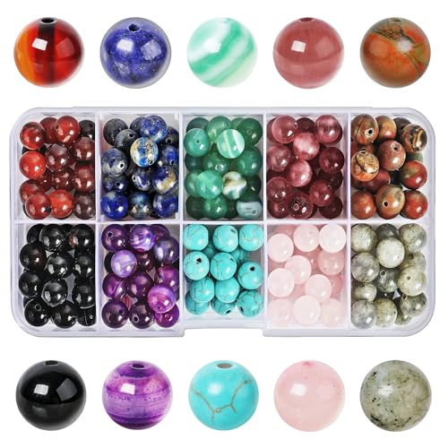 SOSMAR 200 Cuentas Redondas de Piedras Naturales 8mm para Joyería - 10 Tipos (Lapislázuli, Cuarzo Rosa, Piedra Lunar) - Pulseras, Collares, ​ DIY Manualidades (estilo B)