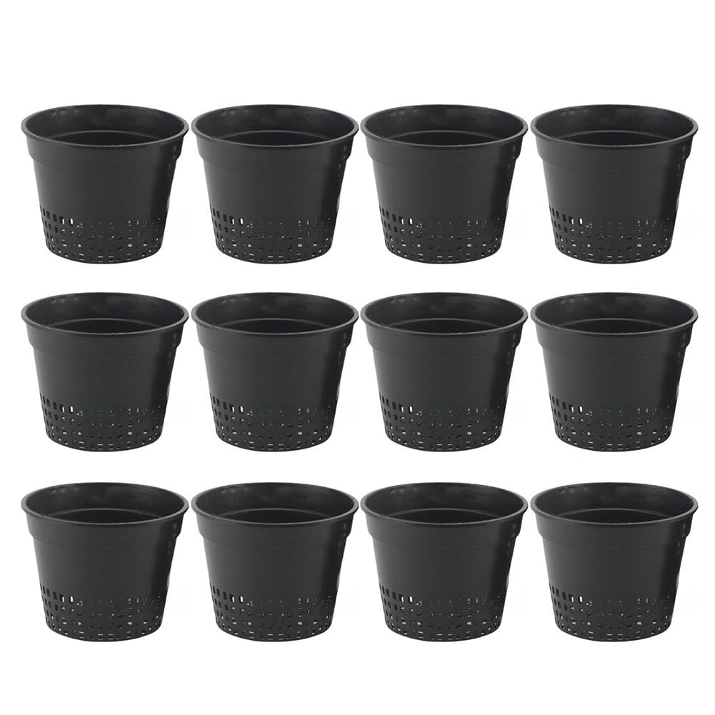 12-częściowy zestaw hydroponicznych doniczek do sadzonek, 15 x 11,2 cm, czarny plastik, idealny do kultu bez gleby z gliną, kamyczkami i wełną mineralną