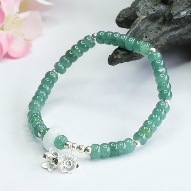 Bracciale in giada da donna, braccialetto con perline di abbaco d'acqua blu giadeite grado A ciondolo a forma giglio in argento S925, buona fortuna Fengshui for la meditazione yoga, 5 mm