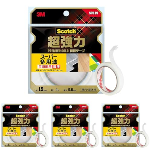 3M スコッチ 超強力両面テープ プレミアゴールド(スーパー多用途) 薄手 19mmx4m SPU-19 (× 4)