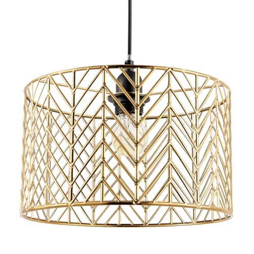 Image of Art Deco Zig Zag Design Ceiling Pendant Lighting Shade in Polished Gold Plating | 28cm x 17cm | for E27 or E14 Bulb Fitting by Happy Homewares
