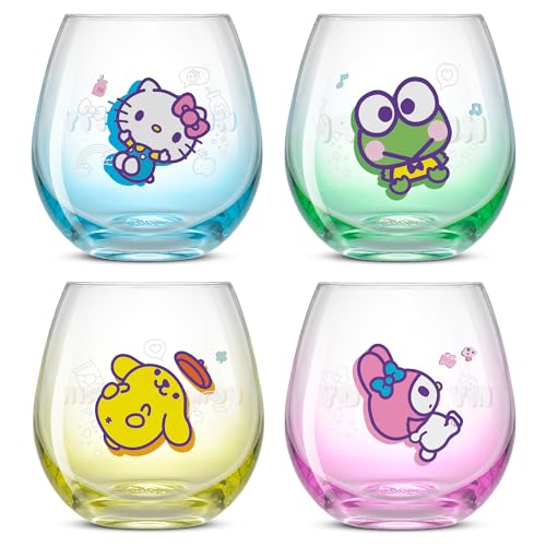 Image of JoyJolt Hello Kitty & Friends Above the Clouds Stemless Drinking Glasses, 15 oz Ombre Glass Cup Set of 4 ft Hello Kitty Keroppi My Melody Pompompurin, Kawaii Kitchen Glassware Sets