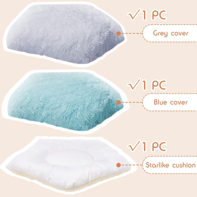 Washable Dog Bed, Small Dogs Beds, 2 PCS Removable Washable Fluffy Pet Bed Cover, Replaceable Dog Crate Pad, Calming Puppy Bed, Comfy Kennel Pad, Plush Cat Mat, 24" x 16", Gray + Blue Green