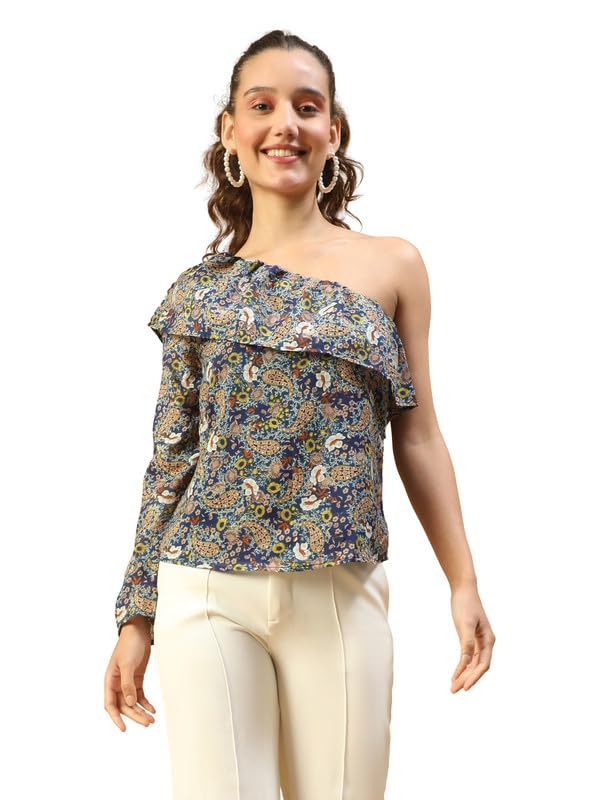 Image of oxolloxo Women Multicolor Floral Print One -Off Shoulder Top with Ruffle Detail