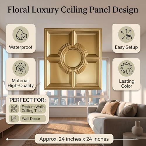 Image of Kayra Decor PVC Ceiling Panel 60x60 cm|Regal Medallion Design|Champagne Gold|50 Tiles Cover 200 Sq Ft| Modern False Ceiling|Royal & Elegant Finish