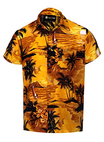Virgin Crafts Camicia Hawaiana per Button Down Beach Stampa Giallo Colore Aloha Shirt a Tema uomo, orangem, XS | Busto: 36