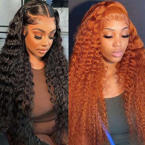 Natural Color 13x6 Deep Wave Lace Front Wigs 24 Inch+Ginger Orange 13x4 Deep Wave Lace Front Wigs 32 Inch