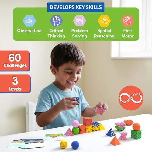 Image of Skillmatics Brain Blocks, 3D Early STEM Building Blocks Game for Kids, Shapes, Balance & Pattern Play, 3 Levels of Challenge Cards, Screen-Free Learning Toy, Gift for Boys & Girls Ages 4, 5, 6, 7