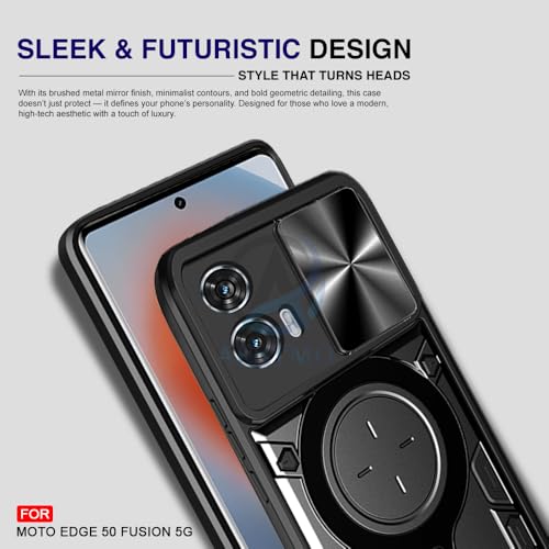Image of AESTMO Armor Motorola Moto Edge 50 Fusion 5G Bumper Back Case Cover | Ring Holder & CD Pattern Sliding Camera Shutter Cover | Back Case Cover for Motorola Moto Edge 50 Fusion 5G (Black)