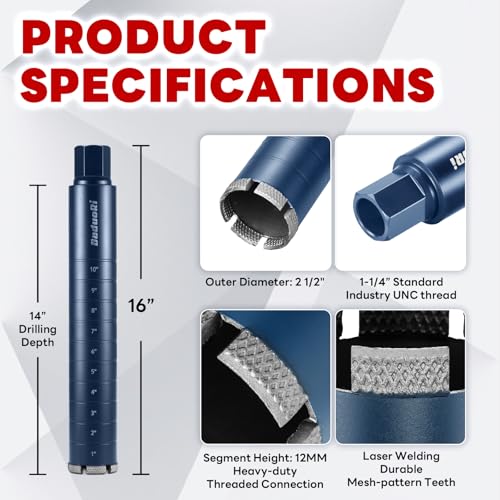 Image of 2-1 /2 inch Core Drill Bit with Etched Depth Scale - Industrial for Reinforced Concrete, Brick Block, Masonry,1-1 /4 inch-7 UNC,14 inch Drilling Depth, Precision-Welded & Aggressive Sharp 12mm Segments, Wet