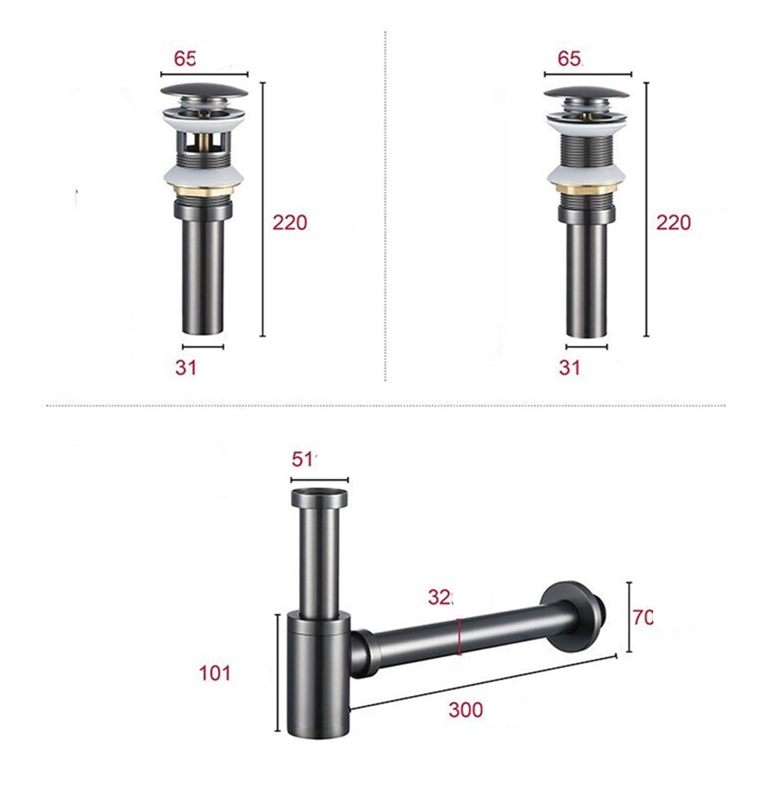 Ensemble de drains en or brossé, Siphon rond laiton, salle bains, vanité, tuyau lavabo, 1 pièce Pour Bain(Grey)