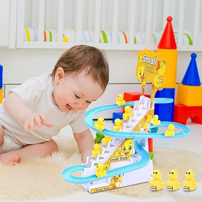 Duck Slide Toy Set, Funny Automatic Stair-Climbing Ducklings Cartoon Race Track Set Little Lovely Duck Slide Toy Escalator Toy with Lights and Music 1