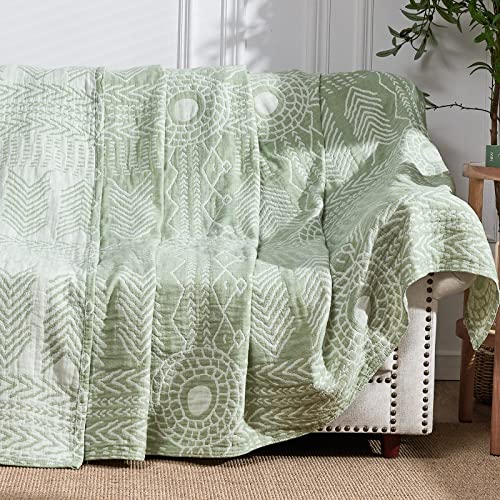 jinchan Boho 100% Cotton Muslin 50x60 Throw Blanket Lightweight 3-Layer Green Blanket Washable Reversible Breathable Decorative Geometric Striped Patterned Soft Cozy for Sofa Bed All Season Gift