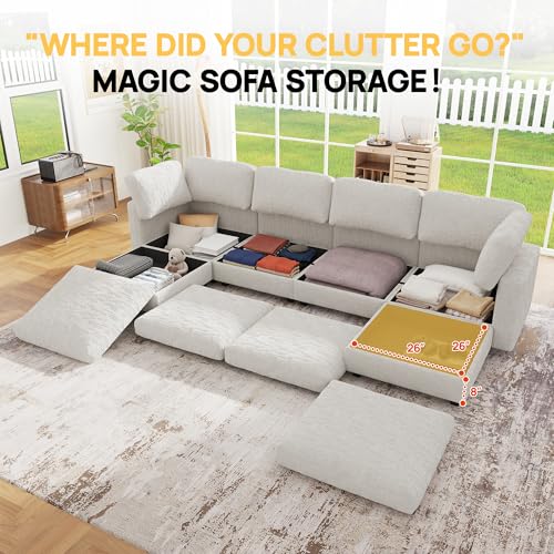 Image of 99 inch Modular Sectional Chenille Sofa bed with Hidden Storage, Comfy Modern 6 Seater Oversized Deep Seat Couch, Modular Sectional with Ottoman and Removable Cover for Living Room, Apartment, Beige