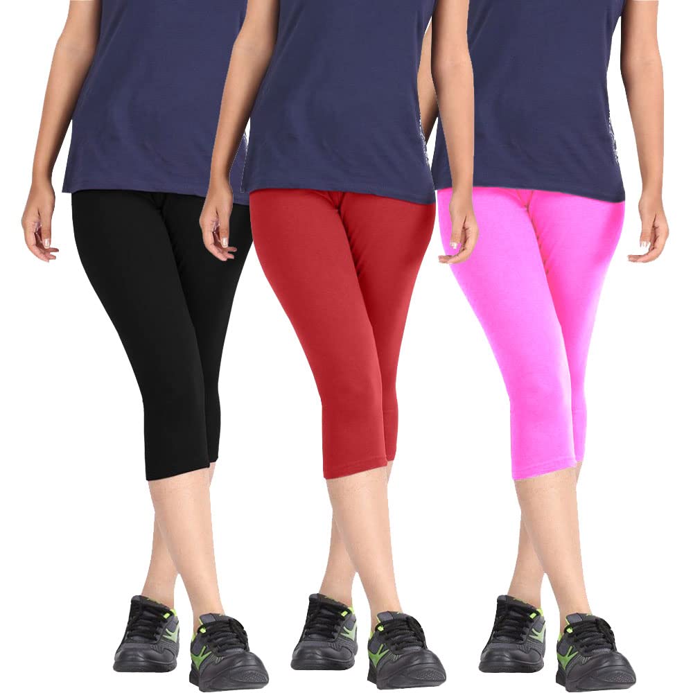 pixie fashion Biowashed Cotton Stretchable Capri Legging Combo Pack of 3 for Women/Girls/Ladies (Black, Red and Baby Pink) - Free Size-picture-32