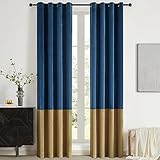 BULBUL Color Block Window Curtains Panels 84 inches Long Navy Blue Gold Velvet Farmhouse Drapes for Bedroom Living Room Darkening Treatment with Grommet Set of 2